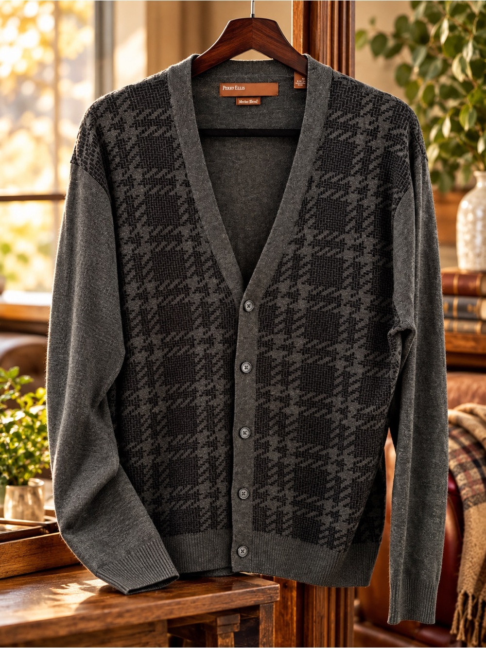 Perry Ellis Men’s XL Merino Wool Blend Cardigan Charcoal Gray Black Soft Sweater